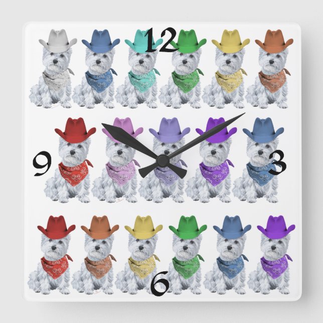 Horloge Carrée Cowboys Westie Alignés (Recto)