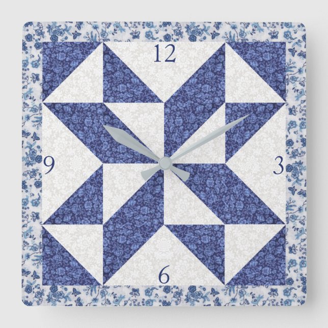 Horloge Carrée Cozy Country Blue White Calico Faux Quilt Square  (Recto)