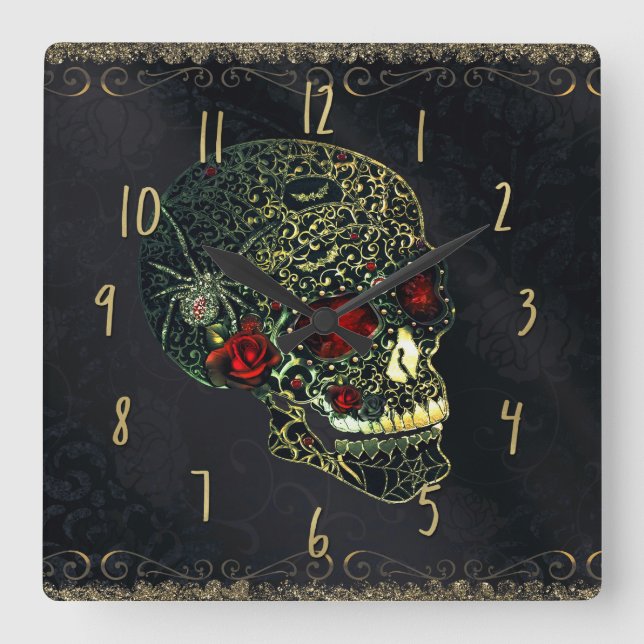 Horloge Carrée Crâne à bijoux et Roses glam Gothique Filigree (Recto)