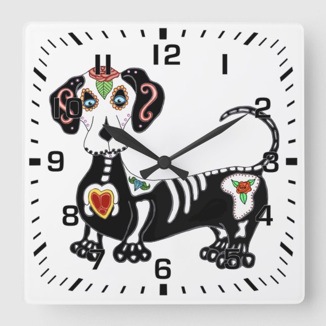 Horloge Carrée Crâne à sucre Dachshund (Recto)