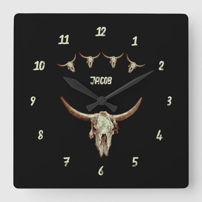 Horloge Carrée Crâne de vache Brown Noir Western Pays Style rusti (Recto)