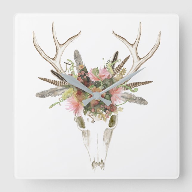 Horloge Carrée Crâne et fleurs de cerfs (Recto)
