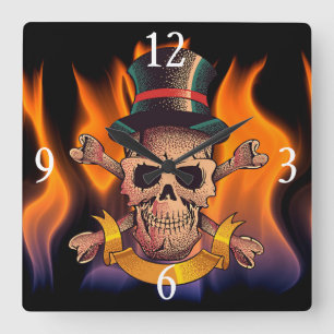 Horloge Carrée Crâne flamboyant