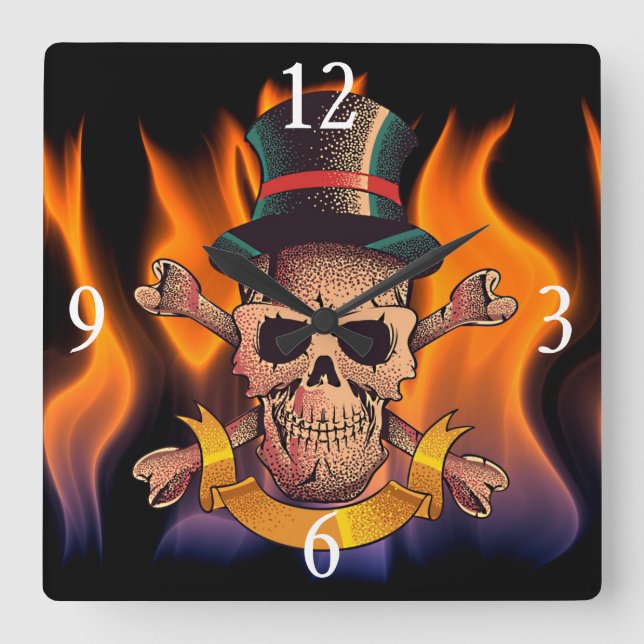 Horloge Carrée Crâne flamboyant (Recto)