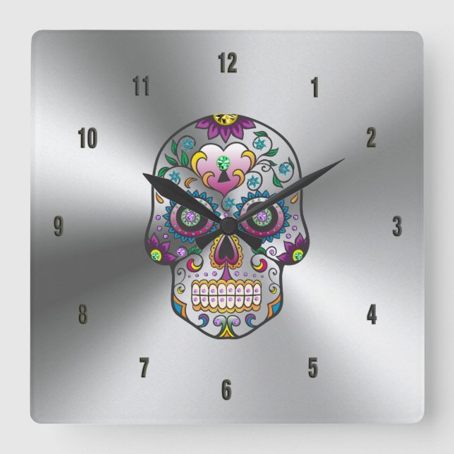 Horloge Carrée Crâne floral coloré sur l'acier inoxydable (Recto)
