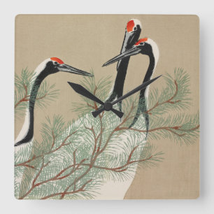 Horloge Carrée Cranes Kamisaka Sekka japon peinture toile d'art c