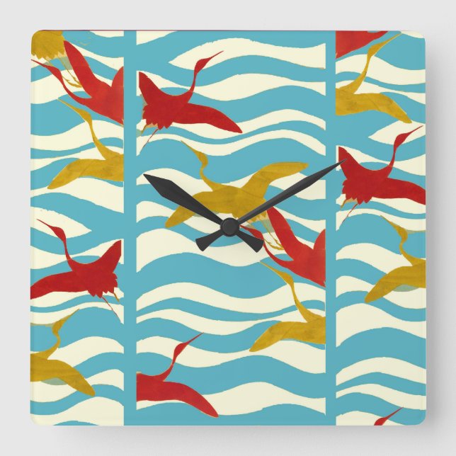 HORLOGE CARRÉE CRANES ROUGES JAUNES VOLANT SUR DES VAGUES BLANCHE (Recto)