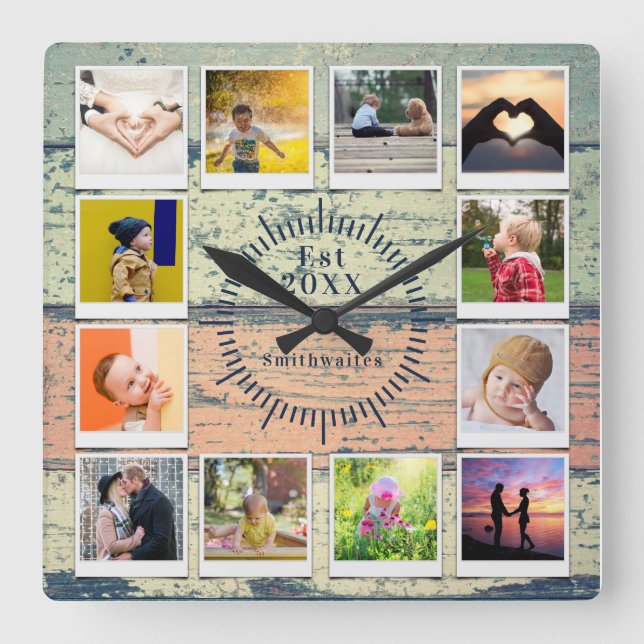 Horloge Carrée Create You own Photo Collage Rustic Wood Farmhouse (Recto)