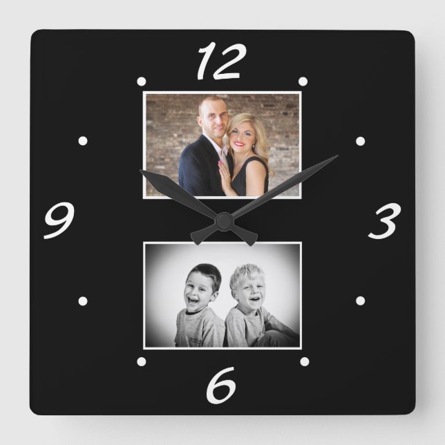 Horloge Carrée Create your Elegant Black White 2 Photo Collage (Recto)
