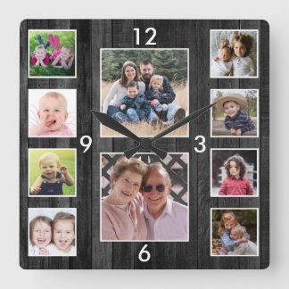 Horloge Carrée Create Your Own 10 Photo Collage Black Wood