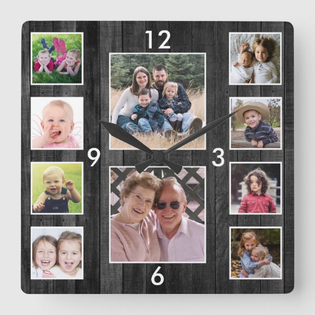 Horloge Carrée Create Your Own 10 Photo Collage Black Wood (Recto)