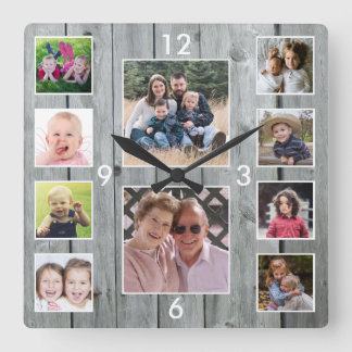 Horloge Carrée Create Your Own 10 Photo Collage Gray Wood