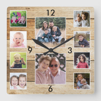Horloge Carrée Create Your Own 10 Photo Collage Natural Wood