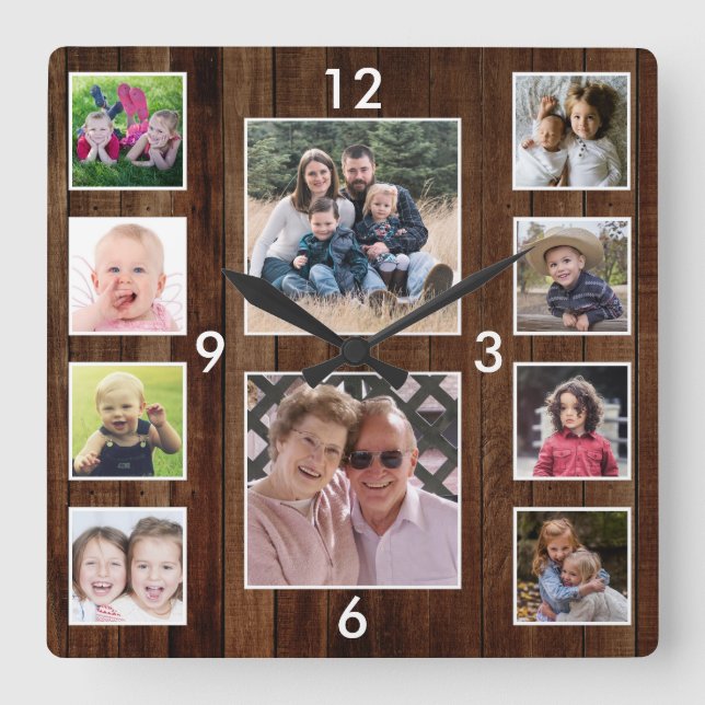 Horloge Carrée Create Your Own 10 Photo Collage Pallet Wood (Recto)