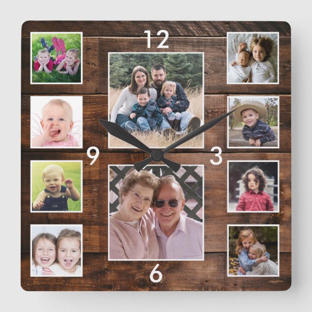 Horloge Carrée Create Your Own 10 Photo Collage Reclaimed Wood (Recto)
