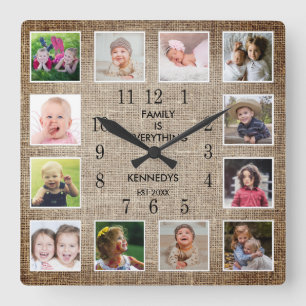 Horloge Carrée Create Your Own 12 Photo Collage Frame Burlap