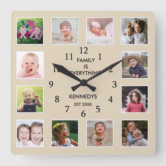 Horloge Carrée Create Your Own 12 Photo Collage Frame Family (Recto)