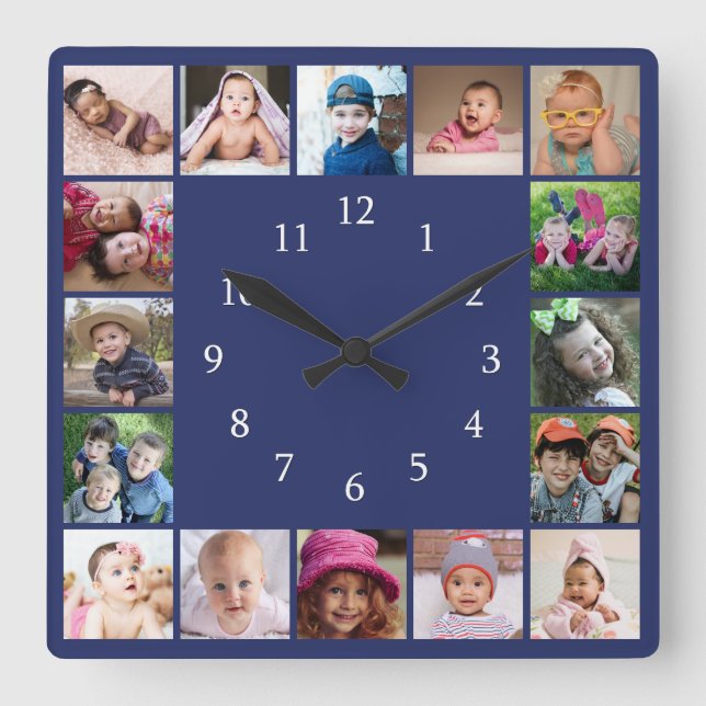 Horloge Carrée Create Your Own 16 Family Photo Collage Blue (Recto)