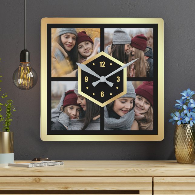Horloge Carrée Create Your Own 4 Photo Collage Black and Gold (Créateur téléchargé)