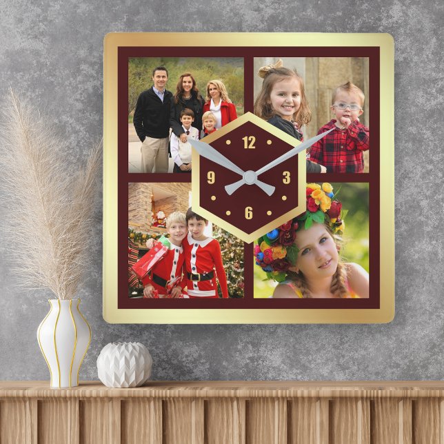 Horloge Carrée Create Your Own 4 Photo Collage Burgundy and Gold (Créateur téléchargé)