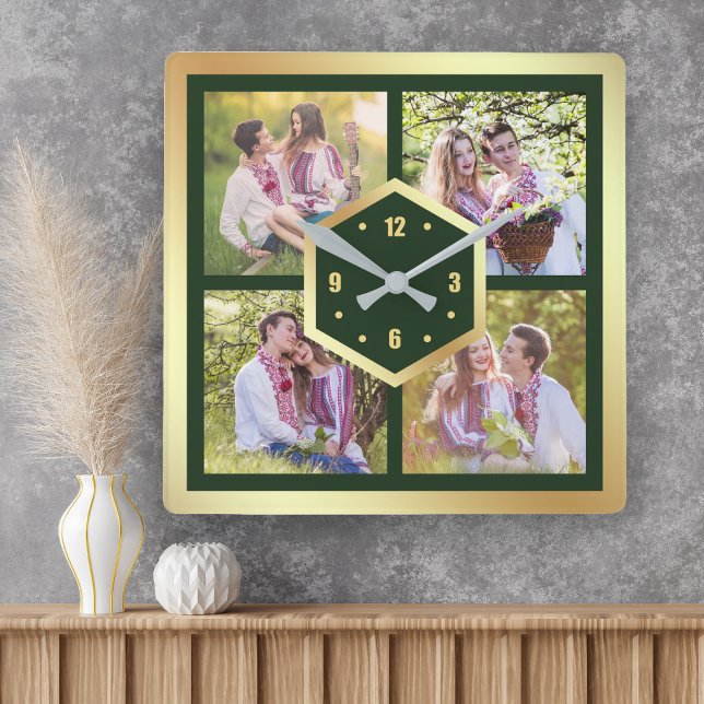 Horloge Carrée Create Your Own 4 Photo Collage Green and Gold (Créateur téléchargé)