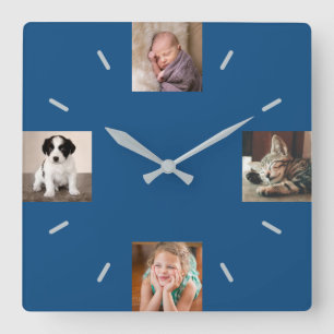 Horloge Carrée Create Your Own 4 Photo Modern Blue