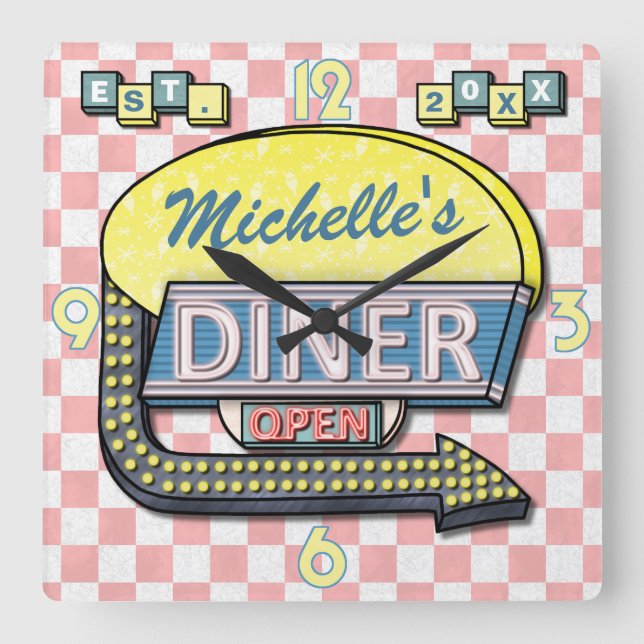 Horloge Carrée Create Your Own Custom Retro 50's Diner Sign 3 (Recto)
