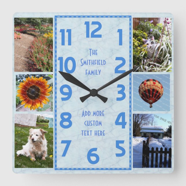 Horloge Carrée Create Your Own Deco 6 Photo Collage Marbled Blue (Recto)