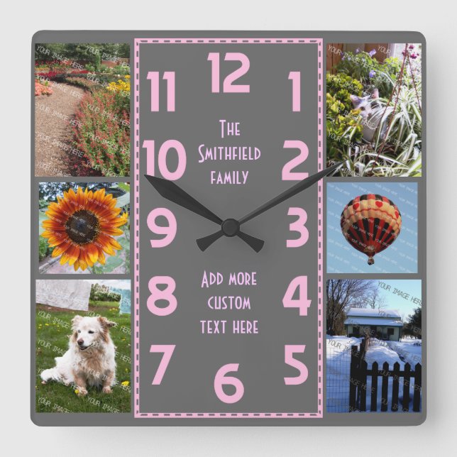 Horloge Carrée Create Your Own Deco 6 Photo Collage Pink Gray (Recto)