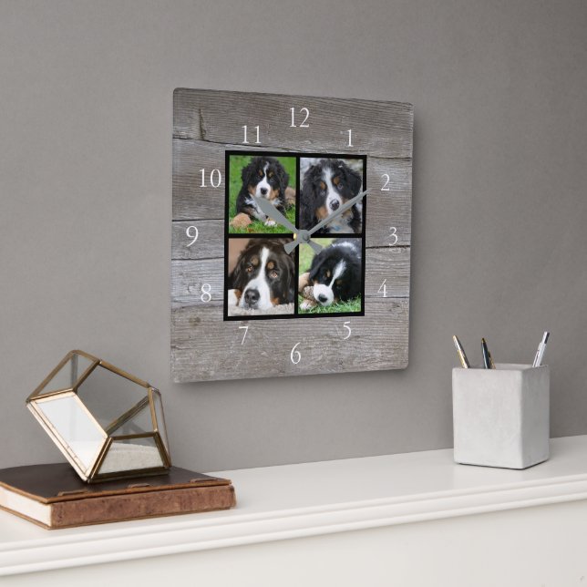 Horloge Carrée Create your own rustic wood family photo collage (Bureau)