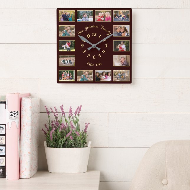 Horloge Carrée Créer un collage de photos de famille personnalisé (Create Custom Brown Faux Gold Family Photo Collage Square Wall Clock)
