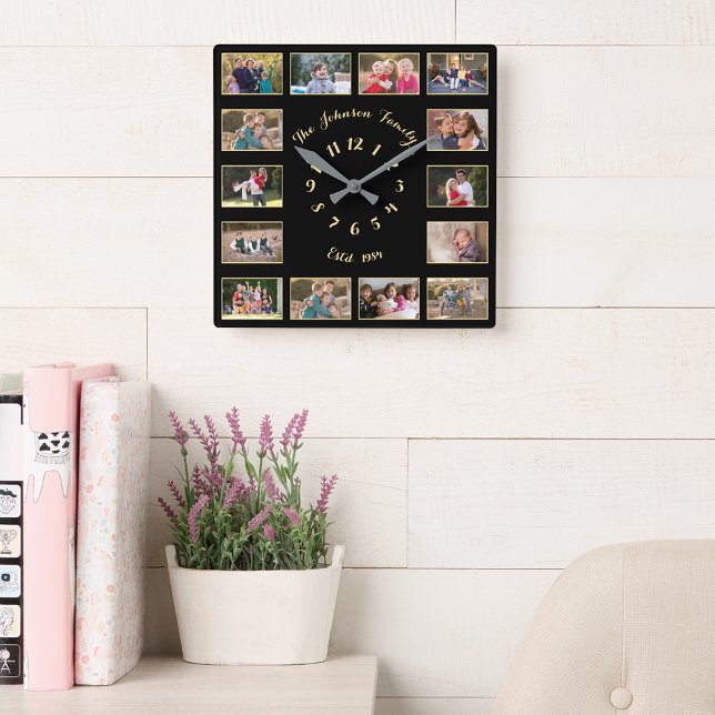 Horloge Carrée Créer un collage personnalisé de photos de famille (Create Custom Personalized Family Photo Collage Square Wall Clock)
