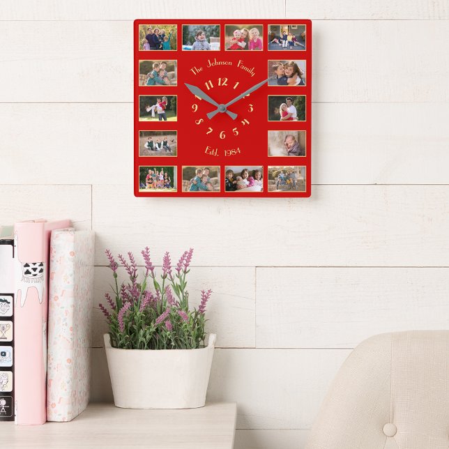 Horloge Carrée Créer un collage photo personnalisé de 14 familles (Create Custom 14 Family Photo Collage Red Gold Squ Square Wall Clock)