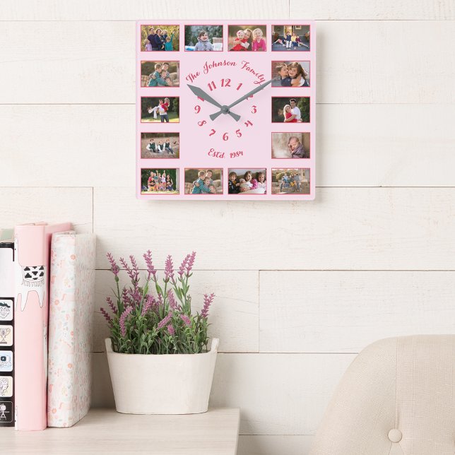 Horloge Carrée Créer un collage photo personnalisé rose pour fami (Create Custom Pink Family Couple 14 Photo Collage Square Wall Clock)