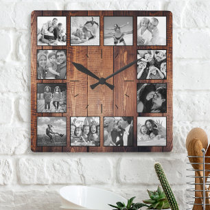 Horloge Carrée Créer Votre Collage Photo Personnalisé Rustic Fa