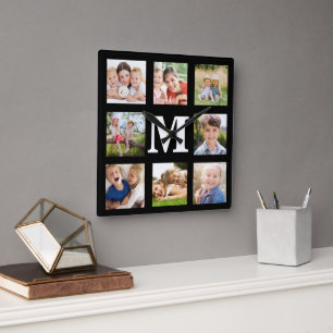 Horloge Carrée Créer votre propre famille 8 Photo Collage Black S