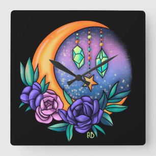 Horloge Carrée Créez vos propres cristaux mignons, lune et Roses