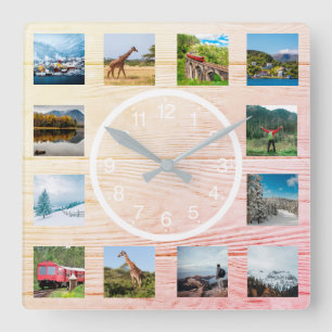 Horloge Carrée Créez Votre Collage Photo Personnalisé Rustic Natu