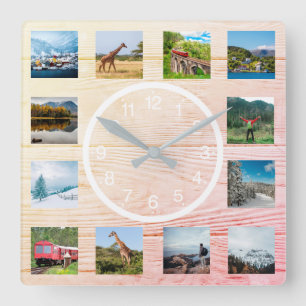 Horloge Carrée Créez votre collage photo personnalisé Rustique Na