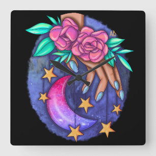 Horloge Carrée Créez Votre Mignonne Lune, Étoiles, Main Rose