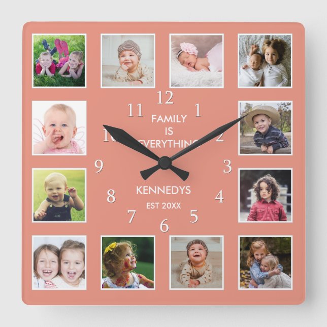 Horloge Carrée Créez votre propre 12 photo Collage de cadre Peach (Recto)