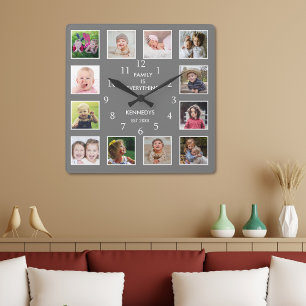Horloge Carrée Créez votre propre cadre de 12 photos Collage Gri