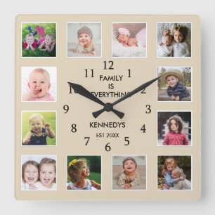 Horloge Carrée Créez votre propre cadre de 12 photos Collage Nom