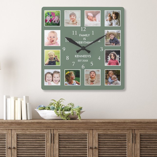 Horloge Carrée Créez votre propre cadre de collage photo 12 vert (Créateur téléchargé)