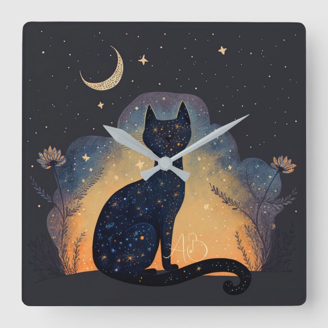 Horloge Carrée Créez votre propre chat noir mystique Silhouette (Recto)
