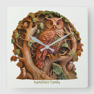 Horloge Carrée Créez votre propre Chouette en bois sculpté 3D Fau