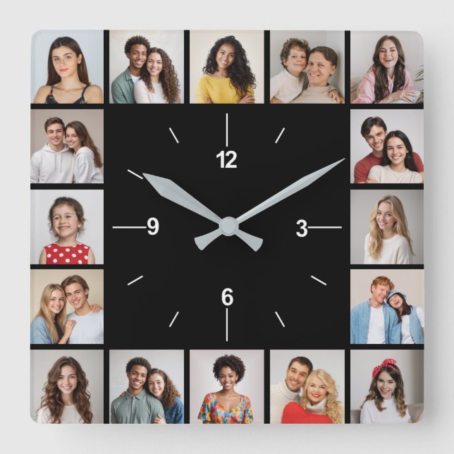 Horloge Carrée Créez Votre Propre Collage Photo 16 Noir & Blanc (Recto)