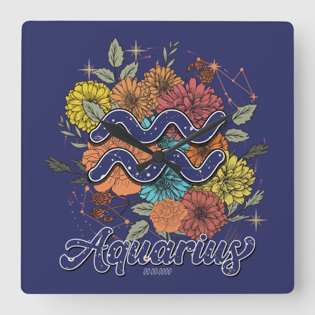 Horloge Carrée Créez votre propre étoile Floral Aquarius Zodiac (Recto)