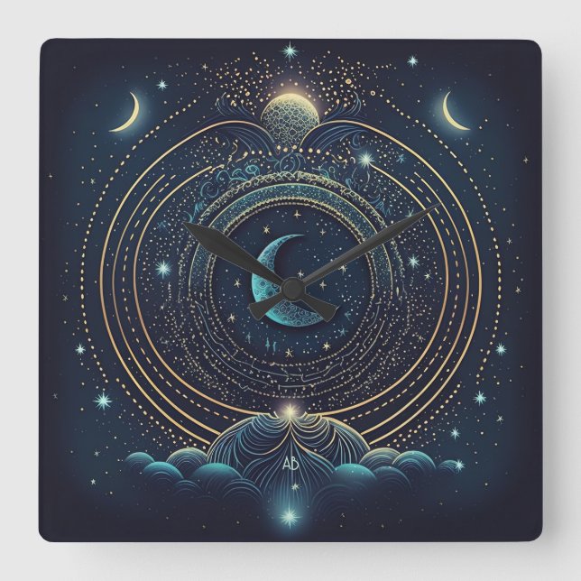 Horloge Carrée Créez votre propre lunaire céleste bleu et or (Recto)