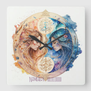 Horloge Carrée Créez votre propre Zodiac Gemini Mystique Or & Ble